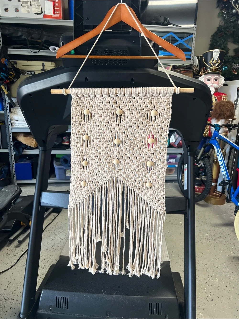 Handcrafted Cream Macramé Wall Tapestry with Wooden Beads